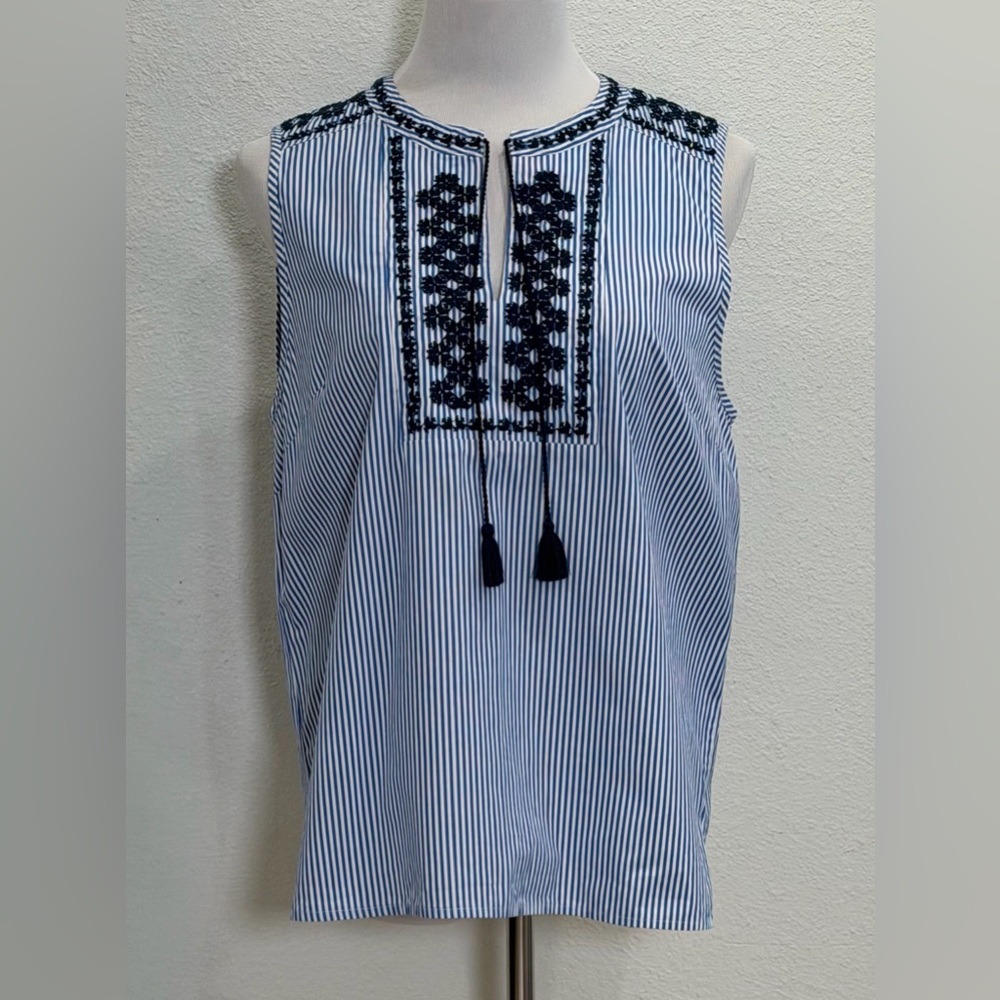 J. Crew Factory Women’s Blue Embroidered Top‎ Striped Poplin Tank 14 Tassels